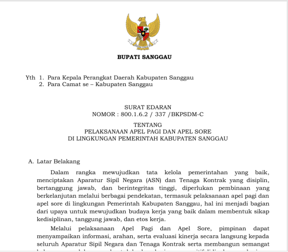 Surat Edaran Bupati Sanggau tentang Pelaksanaan Apel Pagi dan Sore di Lingkungan Pemerintah Kabupaten