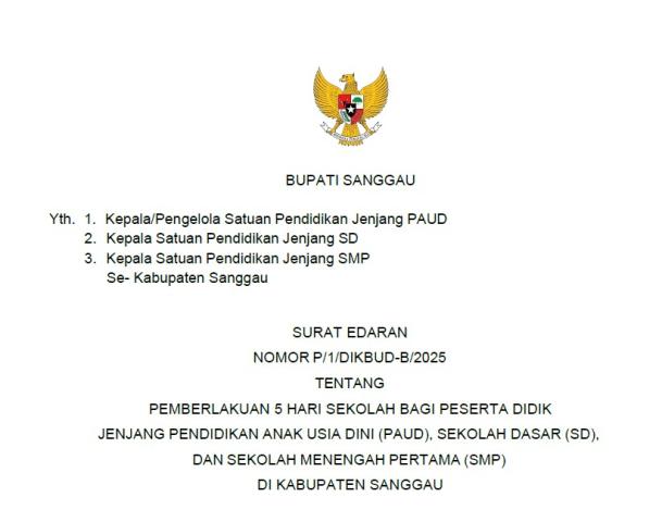 EDARAN PEMBERLAKUAN 5 HARI SEKOLAH BAGI PESERTA DIDIK JENJANG PENDIDIKAN ANAK USIA DINI (PAUD),SEKOLAH DASAR (SD),DAN SEKOLAH MENENGAH PERTAMA (SMP) DI KABUPATEN SANGGAU