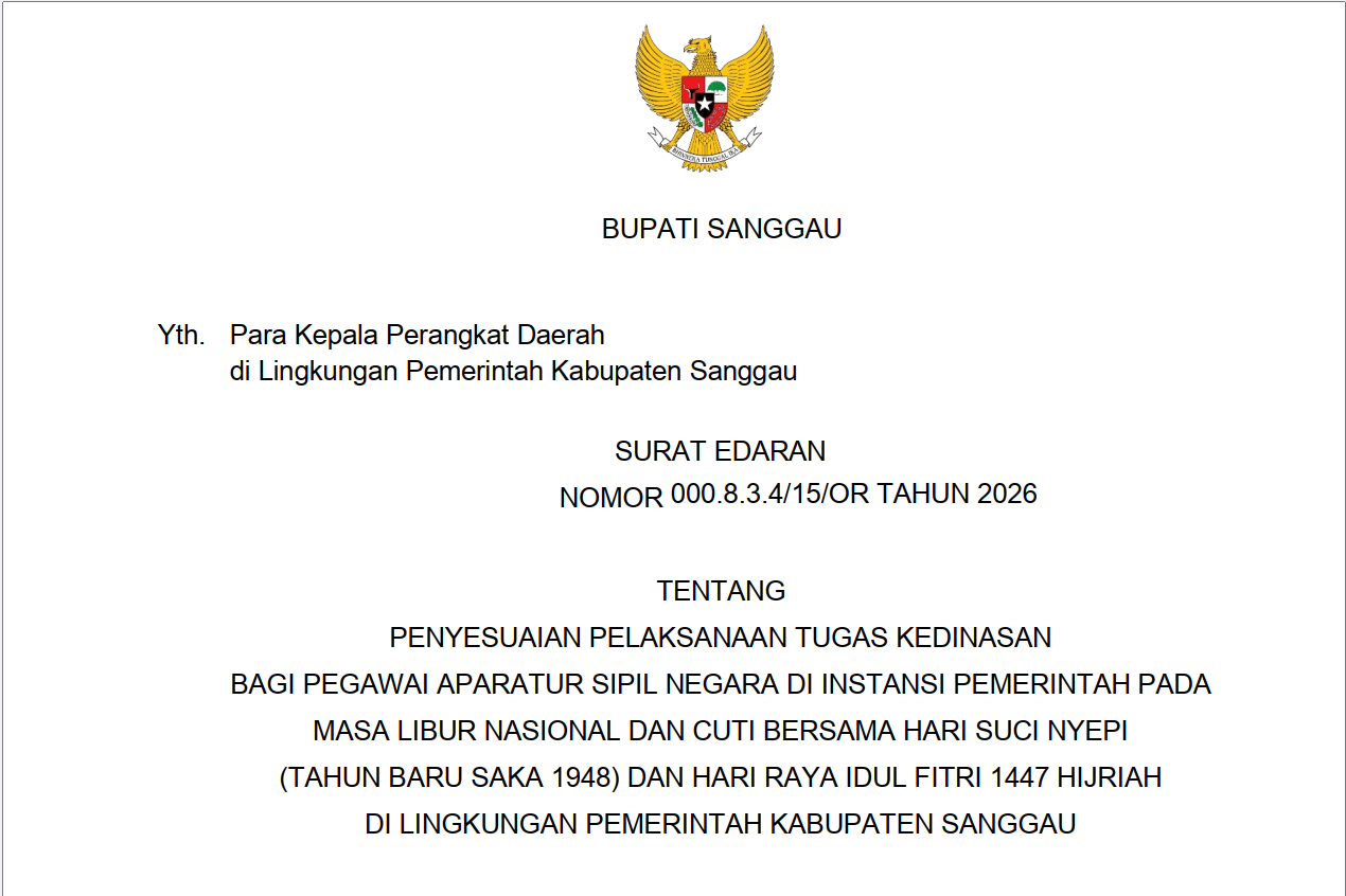 PENYESUAIAN PELAKSANAAN TUGAS KEDINASAN BAGI PEGAWAI APARATUR SIPIL NEGARA DI INSTANSI PEMERINTAH PADA MASA LIBUR NASIONAL DAN CUTI BERSAMA HARI SUCI NYEPI (TAHUN BARU SAKA 1948) DAN HARI RAYA IDUL FI