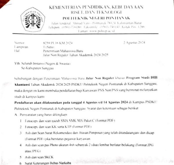 Info Penerimaan Mahasiswa Baru Jalur Non Reguler Tahun Akademik 20242025