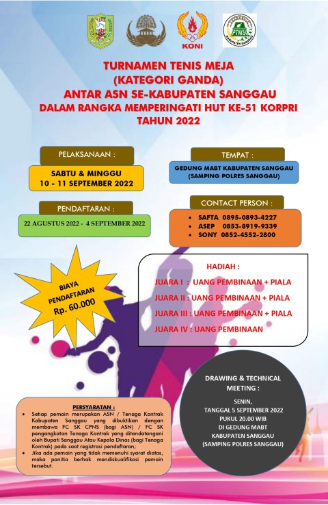 Turnamen Tenis Meja (Kategori Ganda) Antar ASN Se-Kabupaten Sanggau Dalam Rangka Memperingati HUT ke-51 Korpri Tahun 2022